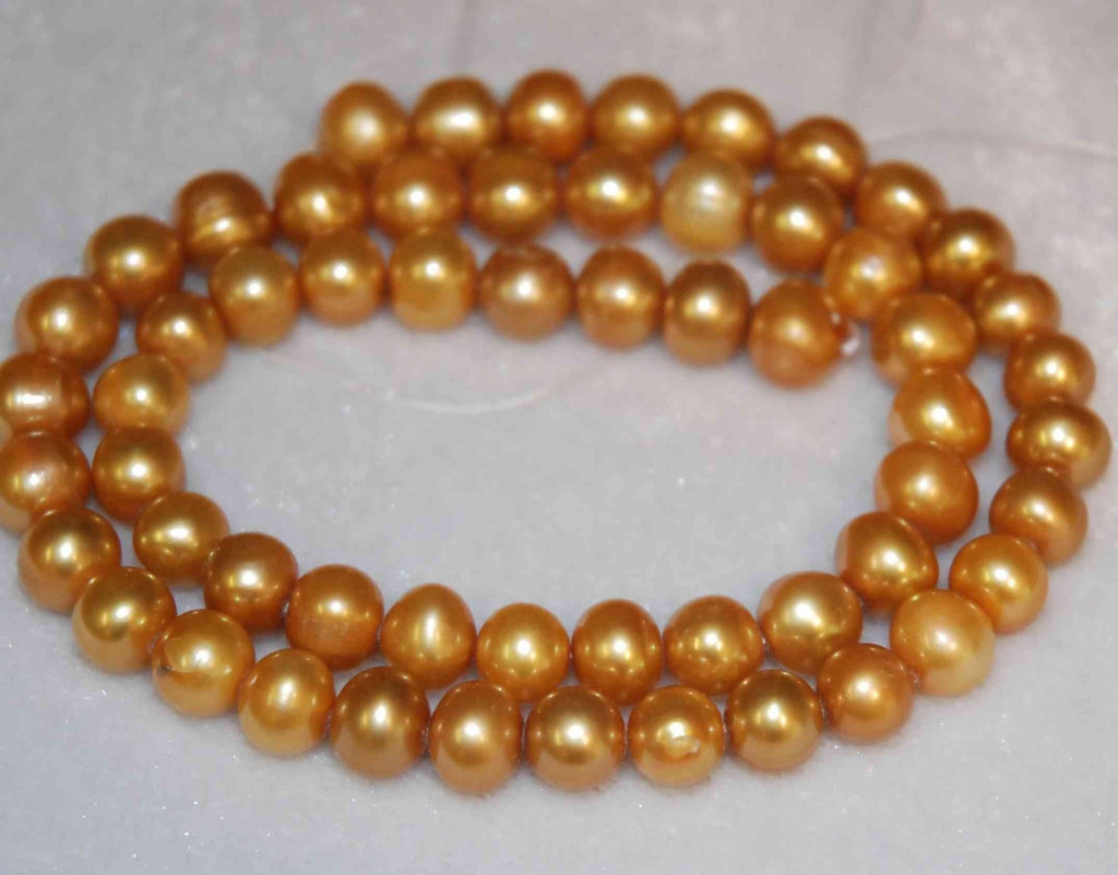 AA+ 7-8mm round potato Golden Brown Genuine Freshwater Pearl-----half strand--28 pcs