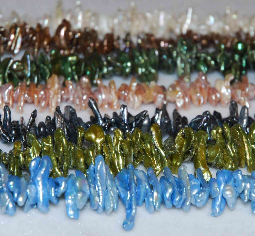 Peacock blue Natural Biwa Pearls ---- 3 inches center drilled strand--25 plus pieces biwa pearls----Promotion for desinger