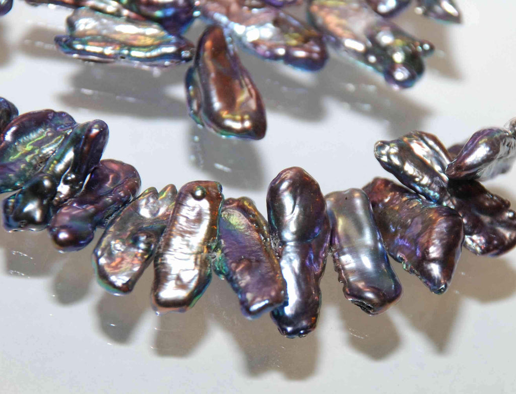 AAA quality 3" 19-25mmX9MM Big Biwa Pearls Rainbow Peacock Blue color 12pc short strand genuine freshwater pearl beads--New arrival SALE