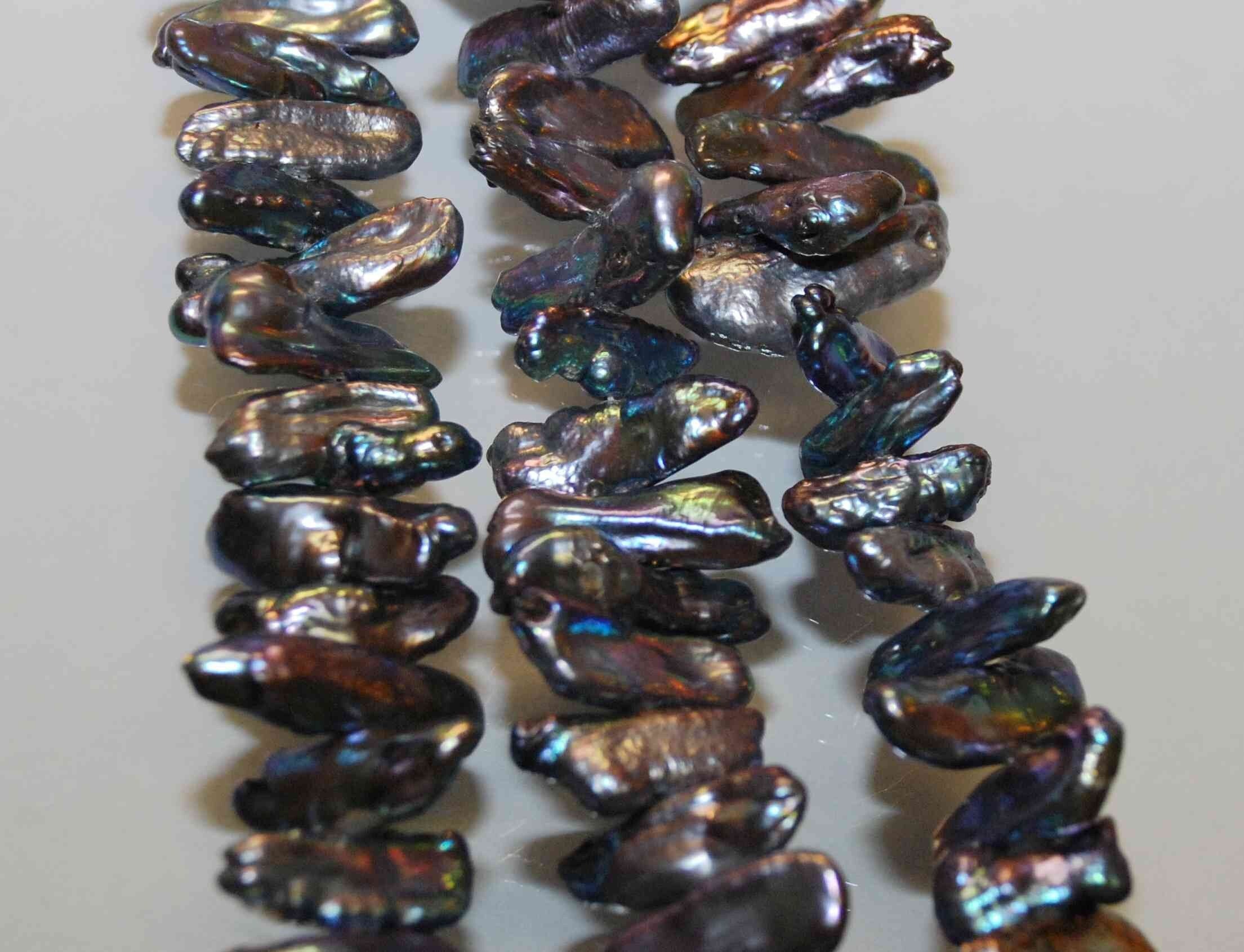 AAA quality 3" 19-25mmX9MM Big Biwa Pearls Rainbow Peacock Blue color 12pc short strand genuine freshwater pearl beads--New arrival SALE