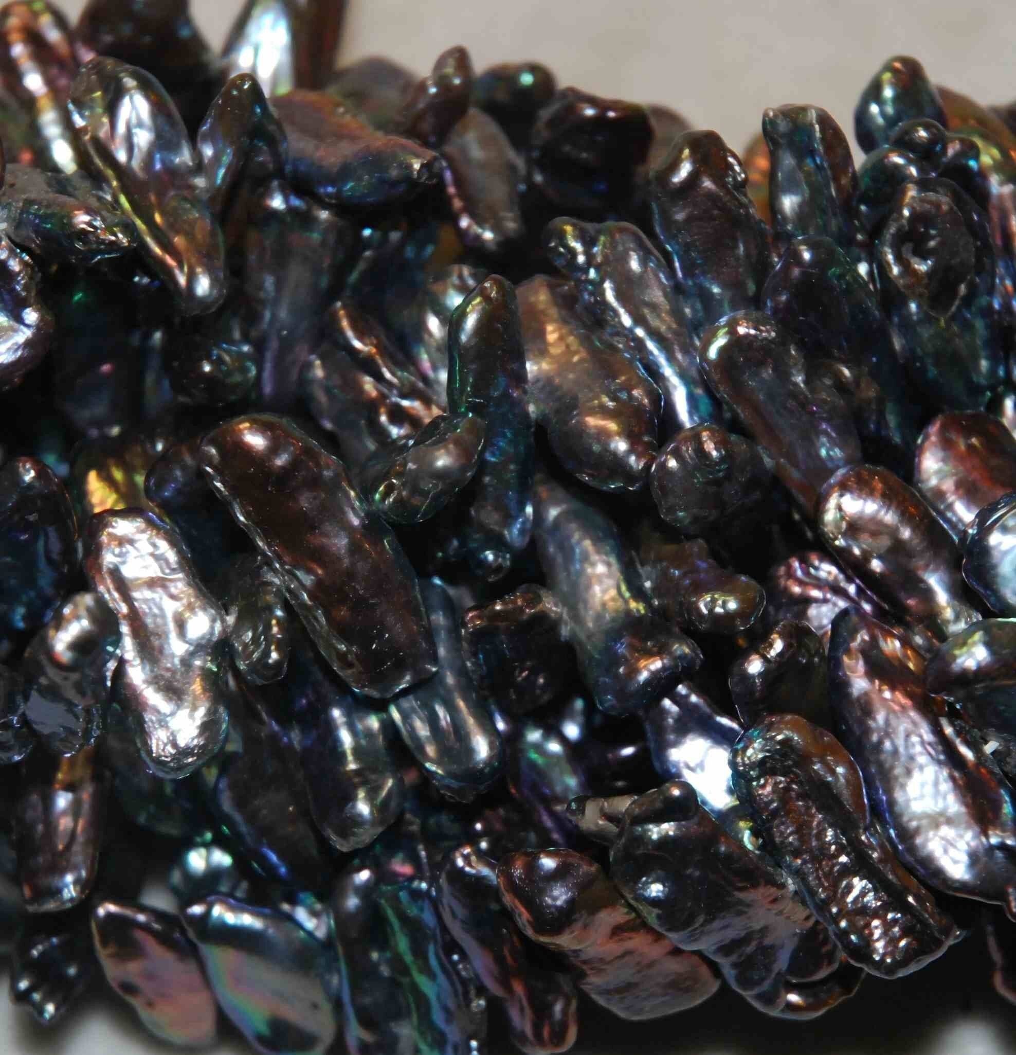 AAA quality 3" 19-25mmX9MM Big Biwa Pearls Rainbow Peacock Blue color 12pc short strand genuine freshwater pearl beads--New arrival SALE