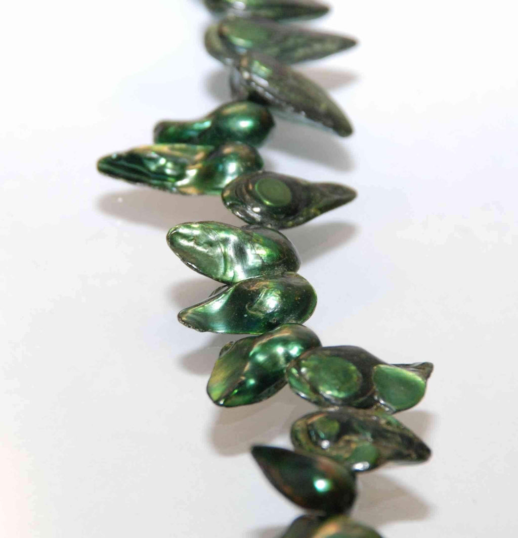 Large 10X20mm teeth Biwa dancing baroque Freshwater pearl, Forest Teal Green color Briolette top drilled pearl,full strand  15" -----on sale