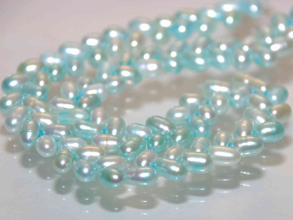 AAA 5mmx7-8mm top drilled Wheat Pearl Freshwater Pearl, light aqua blue loose pearl beads---14" full strand 90+ pc dancing pearl for design