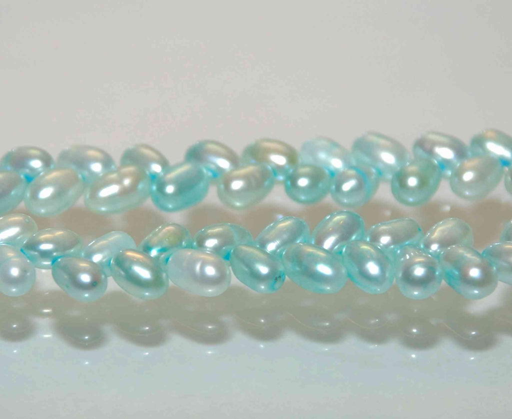 AAA 5mmx7-8mm top drilled Wheat Pearl Freshwater Pearl, light aqua blue loose pearl beads---14" full strand 90+ pc dancing pearl for design
