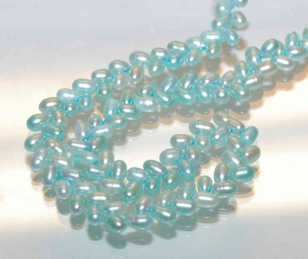 AAA 5mmx7-8mm top drilled Wheat Pearl Freshwater Pearl, light aqua blue loose pearl beads---14" full strand 90+ pc dancing pearl for design