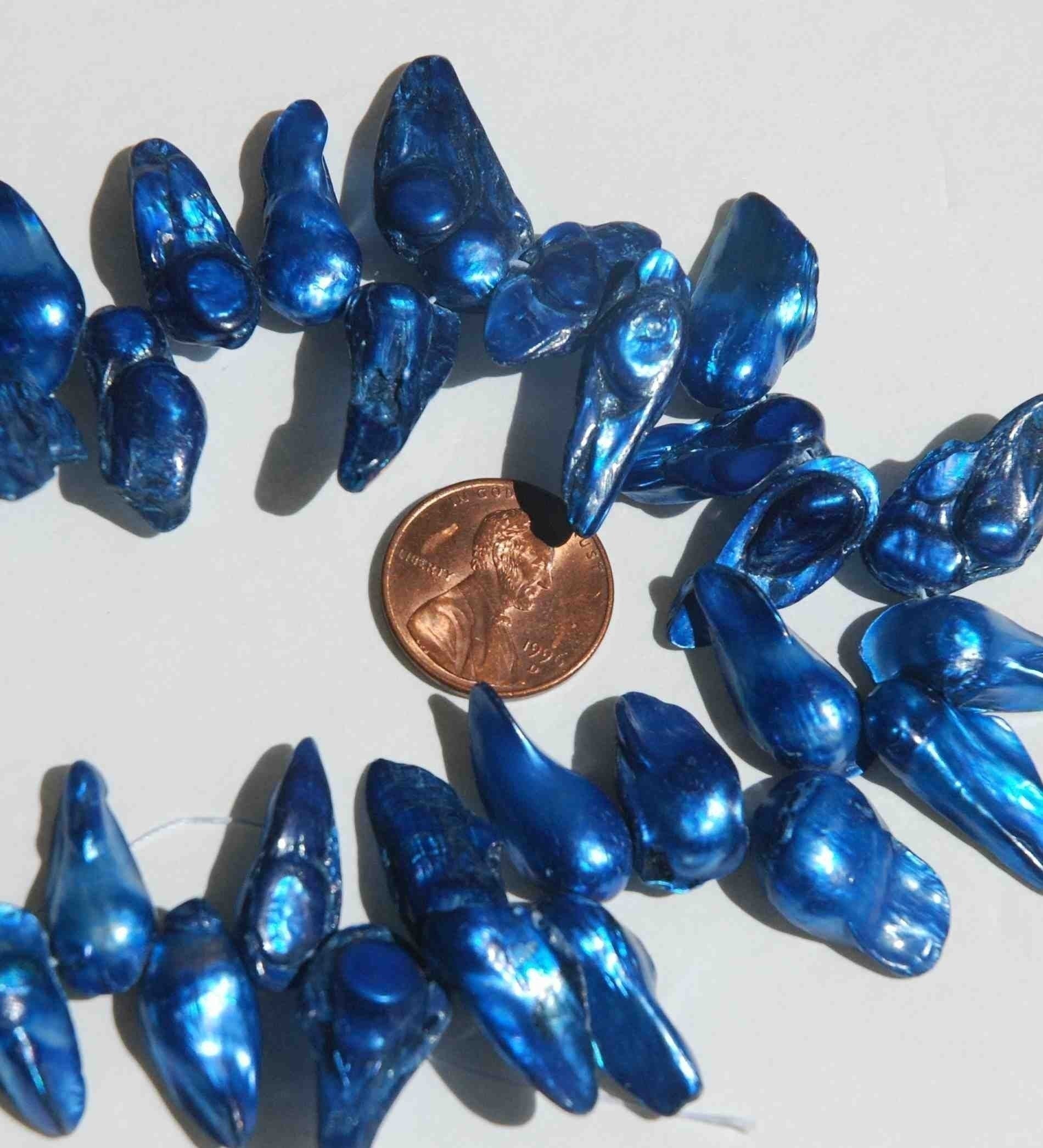 Top Drilled Baroque teeth biwa  dancing freshwater pearl 15" full strand beautiful stunning deep blue color-----Wholesale promotion