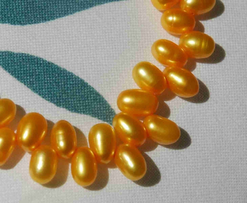 AAA+ Gem quality 5x8mm Top Drilled Dancing Pearl, Rice oval Freshwater Pearl yellow gold briolette tear drop pearl beads full strand  85+ pc