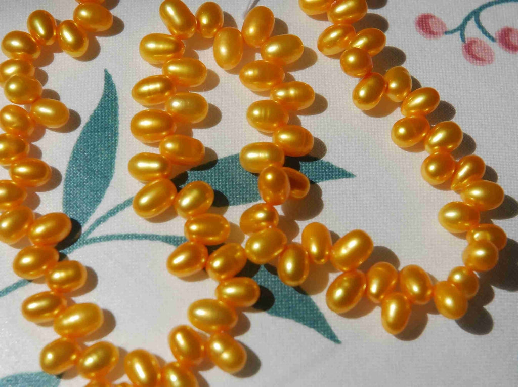 AAA+ Gem quality 5x8mm Top Drilled Dancing Pearl, Rice oval Freshwater Pearl yellow gold briolette tear drop pearl beads full strand  85+ pc