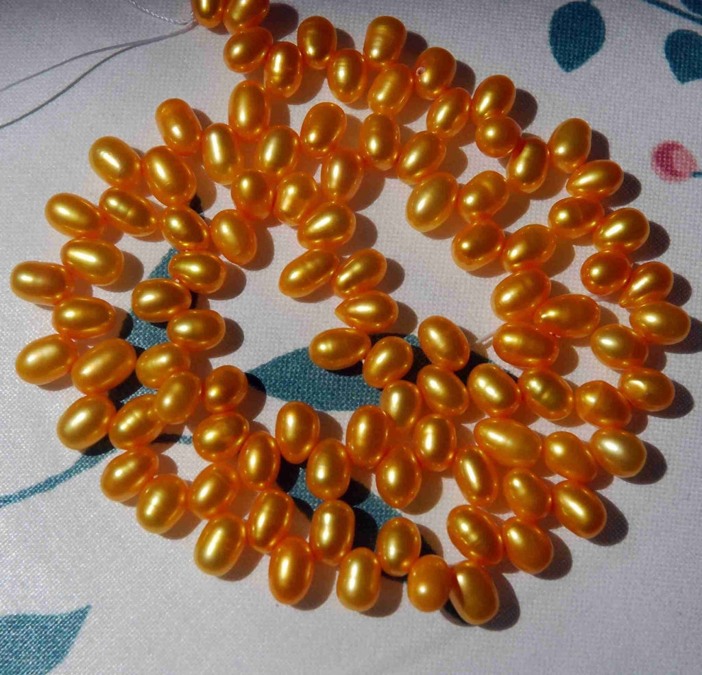 AAA+ Gem quality 5x8mm Top Drilled Dancing Pearl, Rice oval Freshwater Pearl yellow gold briolette tear drop pearl beads full strand  85+ pc