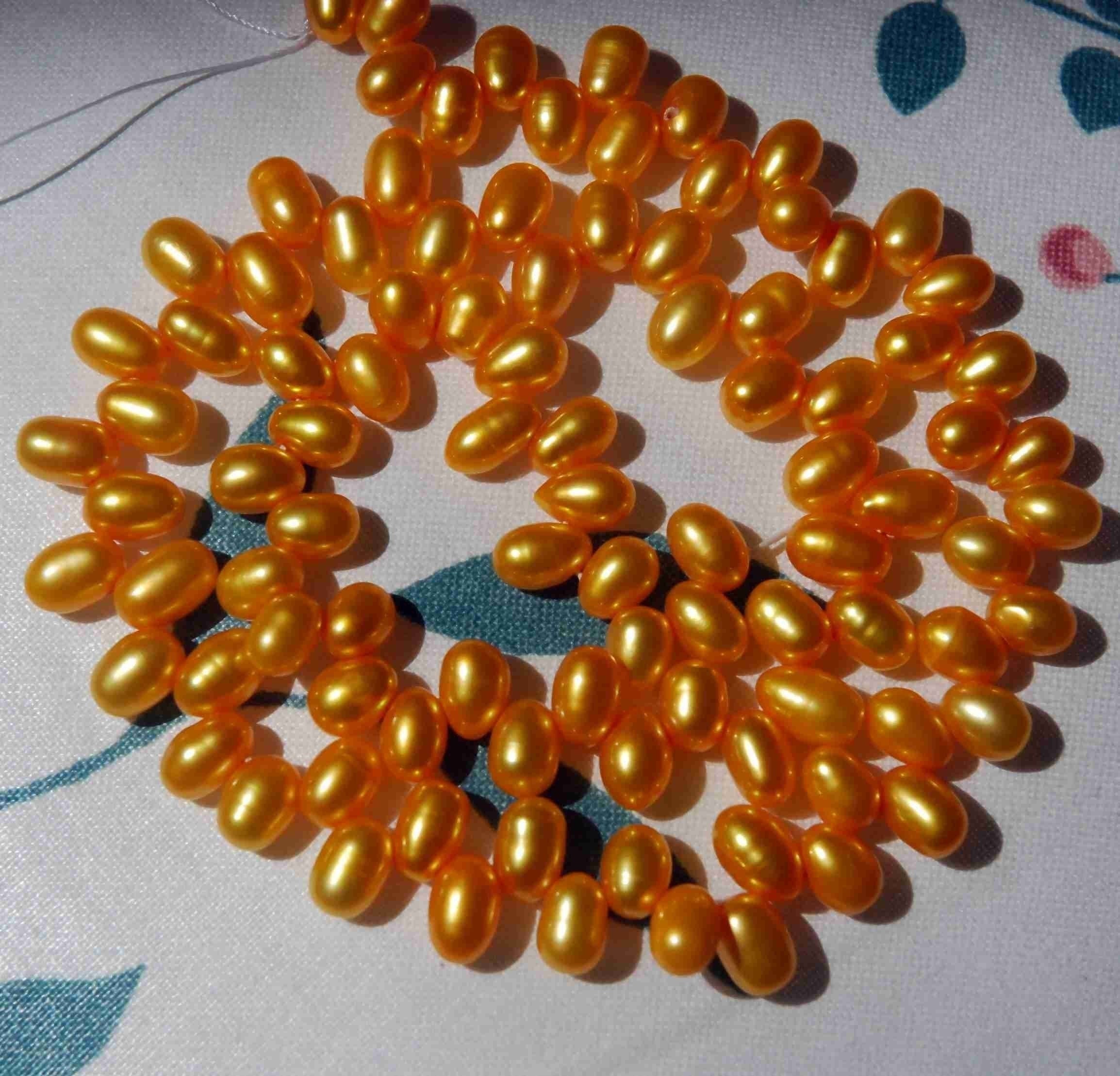 AAA+ Gem quality 5x8mm Top Drilled Dancing Pearl, Rice oval Freshwater Pearl yellow gold briolette tear drop pearl beads full strand  85+ pc