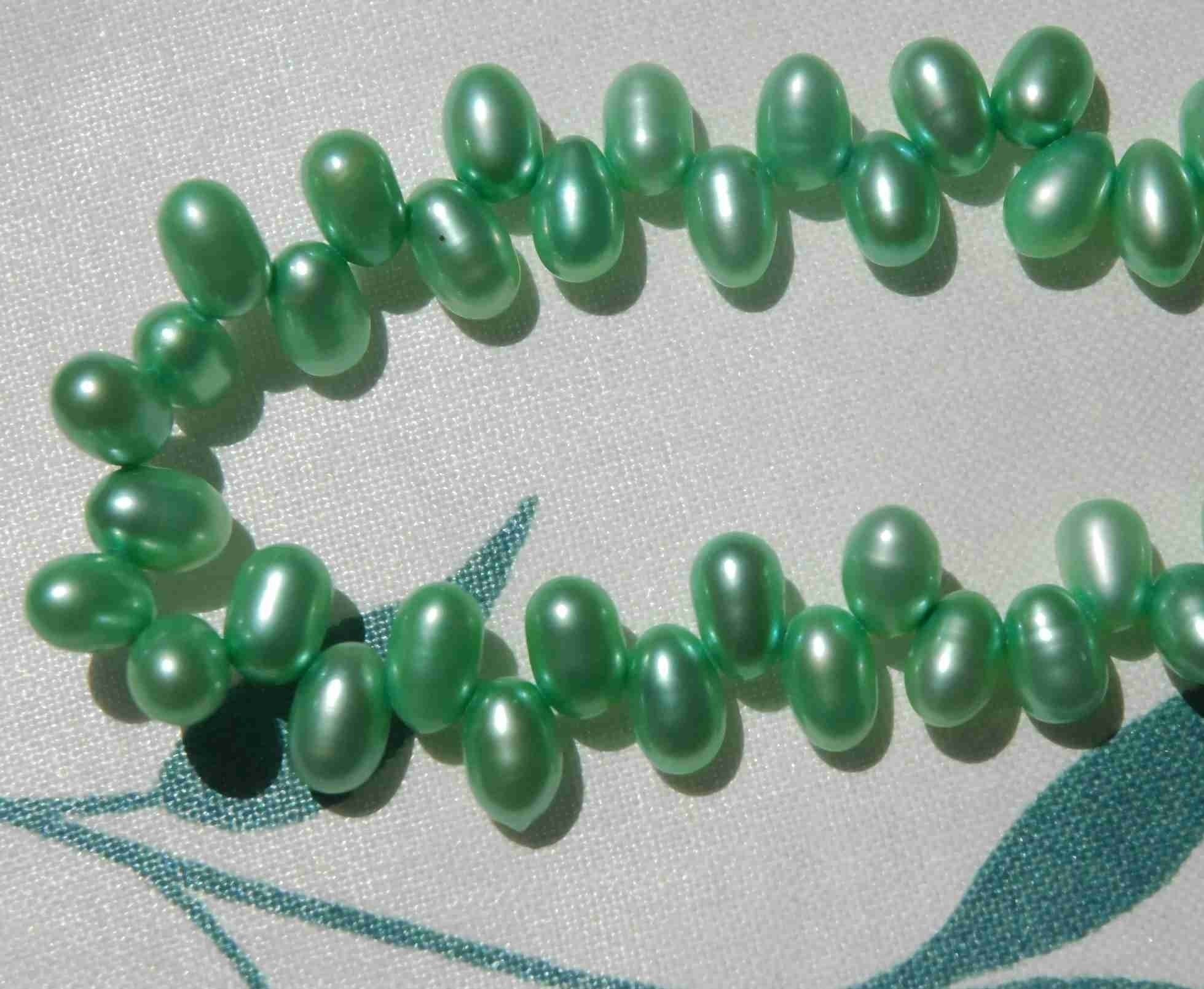 Top drilled Dancing Rice Freshwater Pearl apple green 5X8mm AAA Gem quality briolette tear drop pearl beads 15" full strand 85+ pc #DR3136
