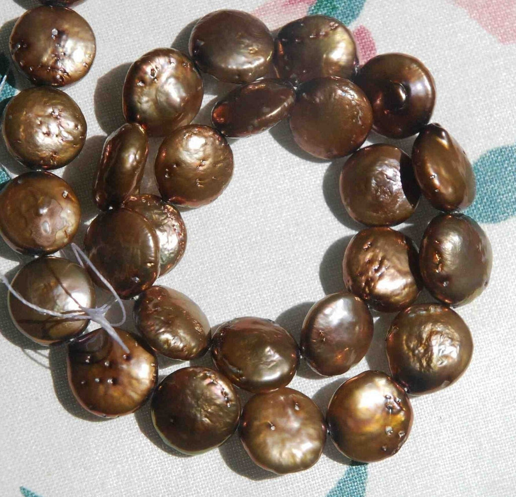 Freshwater Pearl 12-13mm Chocolate Brown Genuine Coin Pearl full strand 15"-------promotion sale Reduced