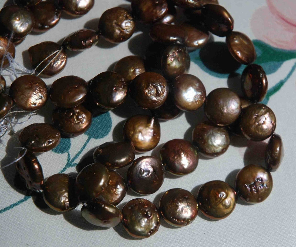 12-13mm Chocolate Brown Genuine Coin freshwater Pearl-----full strand 15.5"---New Bargin