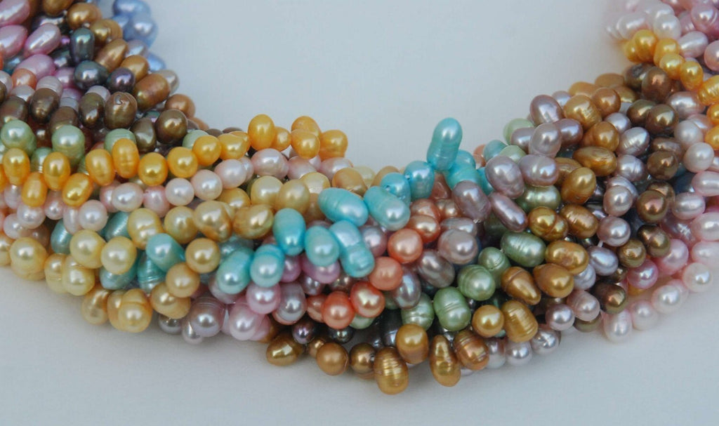 5 full strands 5X7mm BATCH SALE, Top Drilled Dancing Freshwater Pearl multiple color, yellow pink green champagne, peacock, Deal wholesale
