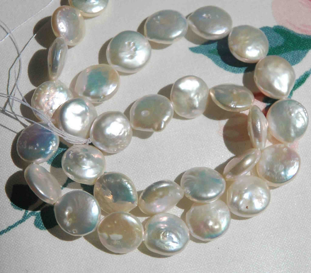 11-12mm Coin pearl 7.5" half strand AA quality Luster Ivory White Genuine Freshwater Coin Pearl  15Pc  NEW Back decent quality KC3029