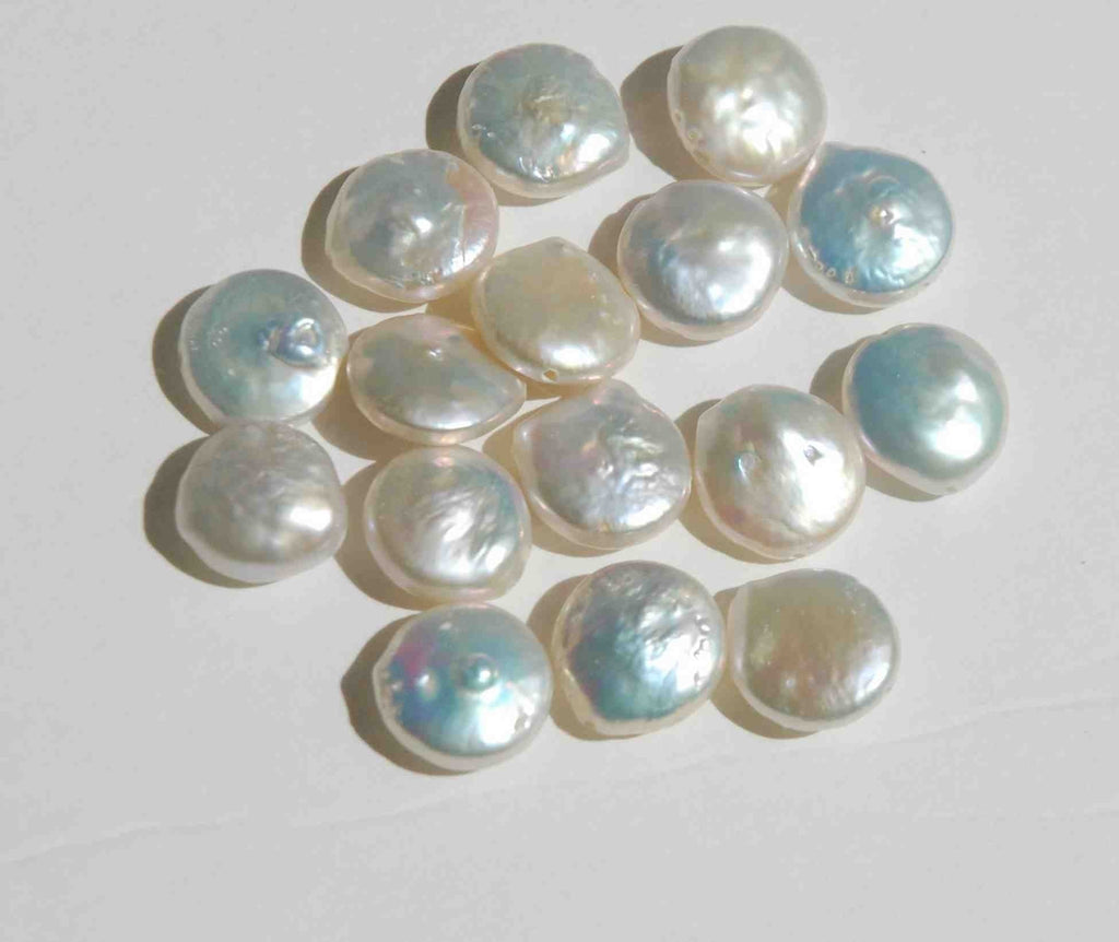 11-12mm Coin pearl 7.5" half strand AA quality Luster Ivory White Genuine Freshwater Coin Pearl  15Pc  NEW Back decent quality KC3029