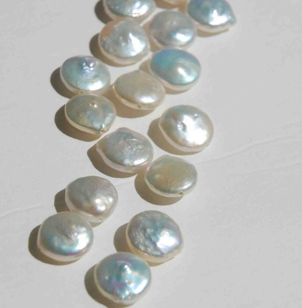 11-12mm Coin pearl 7.5" half strand AA quality Luster Ivory White Genuine Freshwater Coin Pearl  15Pc  NEW Back decent quality KC3029