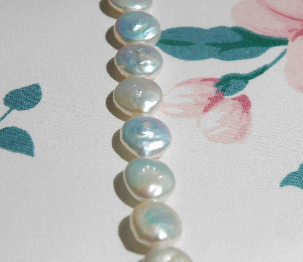 11-12mm Coin pearl 7.5" half strand AA quality Luster Ivory White Genuine Freshwater Coin Pearl  15Pc  NEW Back decent quality KC3029