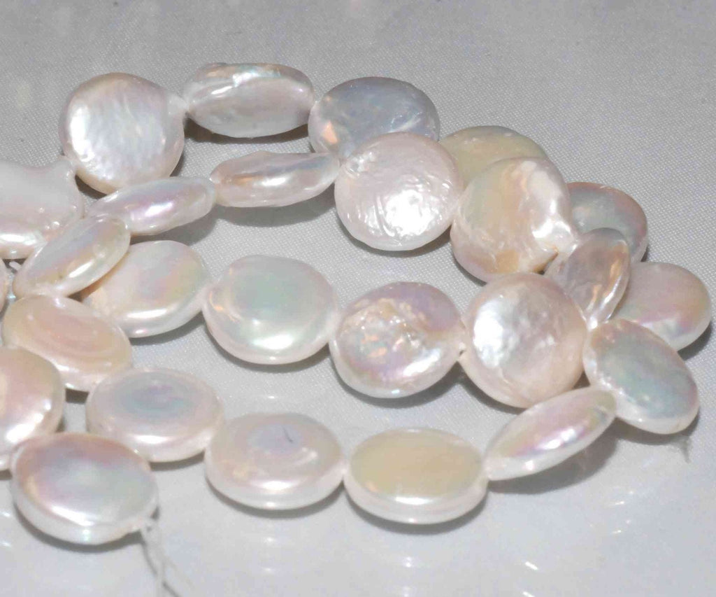 A~AA 13-15mm large coin pearls, full strand Large Ivory White Genuine Freshwater Coin Pearl 15 inches ---Bridal design wedding