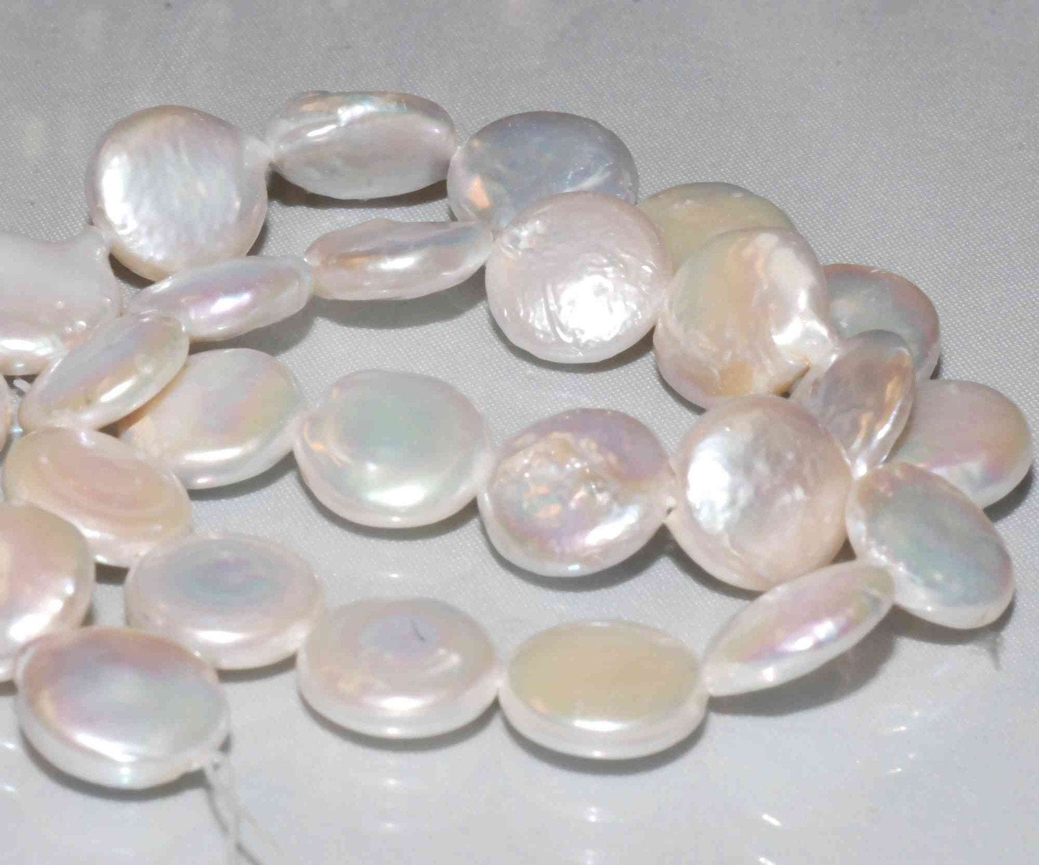A~AA 13-15mm large coin pearls, full strand Large Ivory White Genuine Freshwater Coin Pearl 15 inches ---Bridal design wedding
