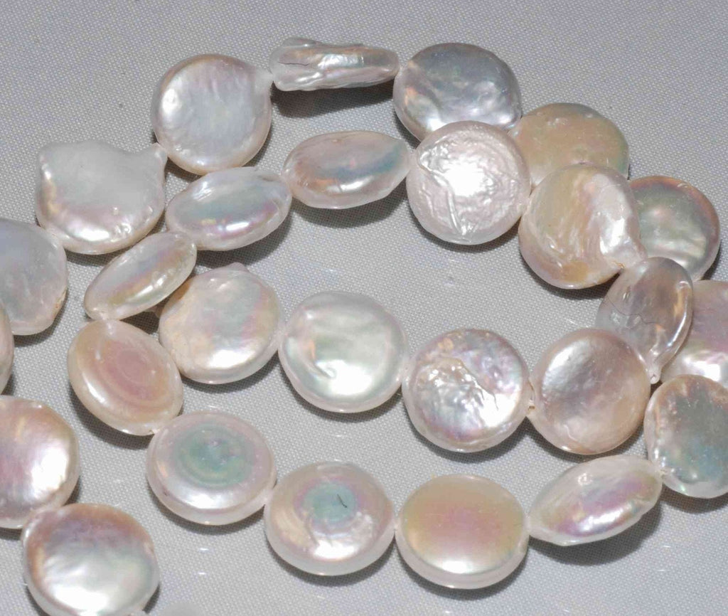 A~AA 13-15mm large coin pearls, full strand Large Ivory White Genuine Freshwater Coin Pearl 15 inches ---Bridal design wedding