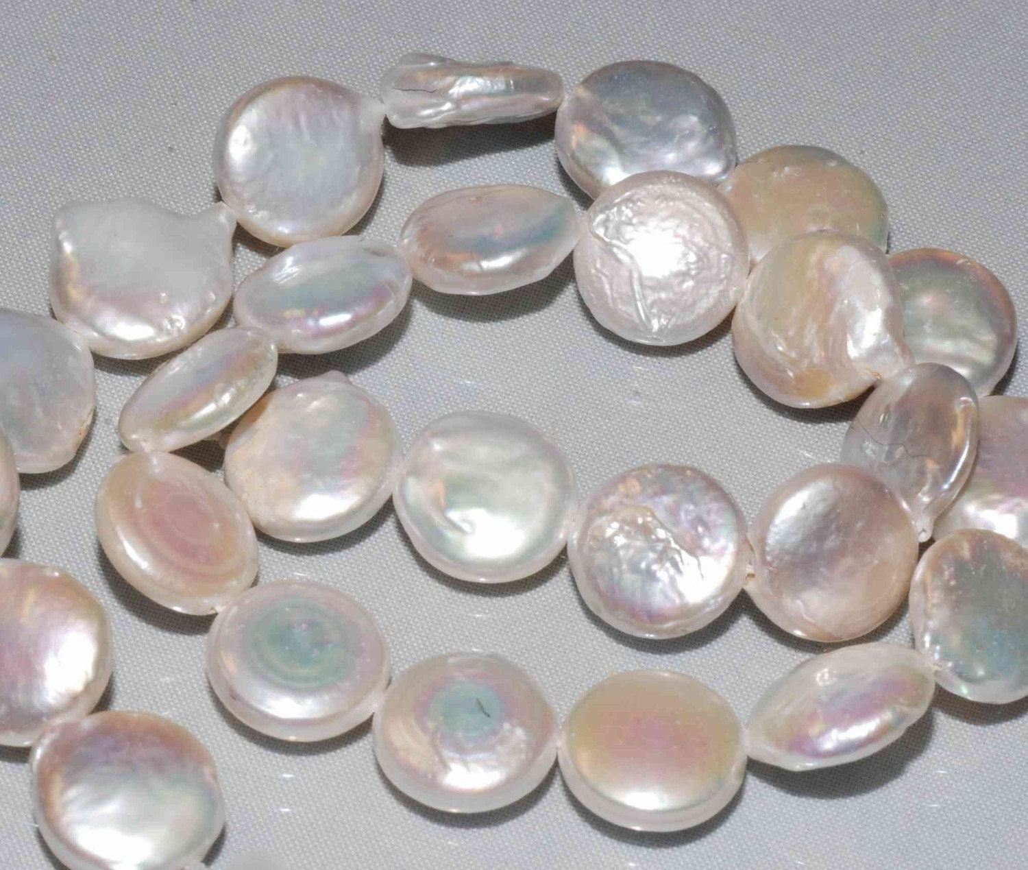 A~AA 13-15mm large coin pearls, full strand Large Ivory White Genuine Freshwater Coin Pearl 15 inches ---Bridal design wedding
