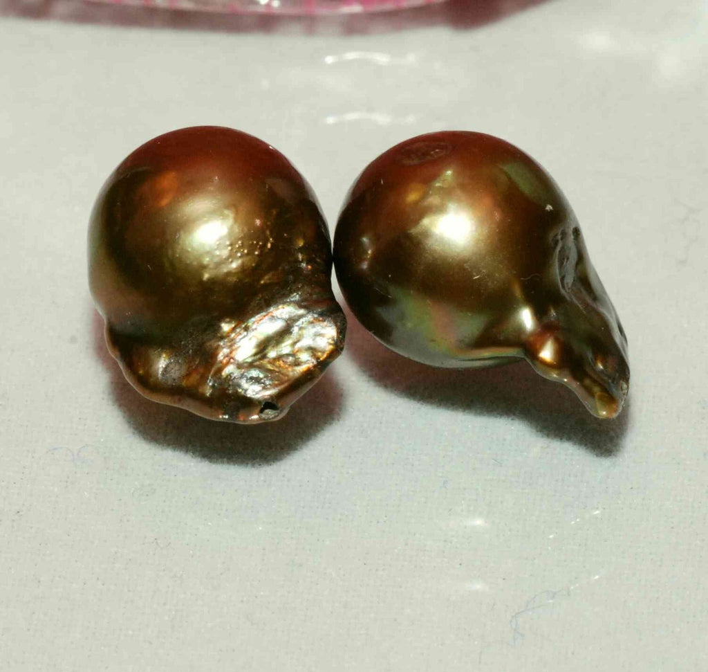 17mmX 11mm matched pair Baroque pearl Large A-AA Vintage Golden Bronze cultured Freshwater Pearl --WOW LUXUARY flam fireball pearl EP9005