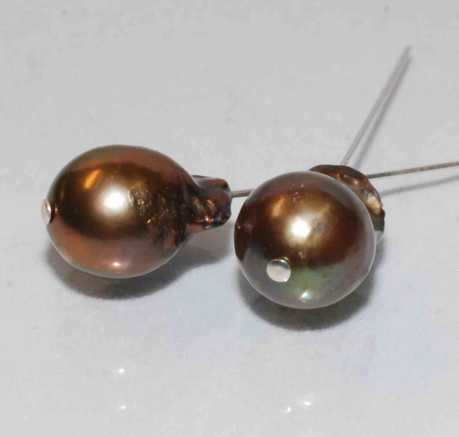 17mmX 11mm matched pair Baroque pearl Large A-AA Vintage Golden Bronze cultured Freshwater Pearl --WOW LUXUARY flam fireball pearl EP9005