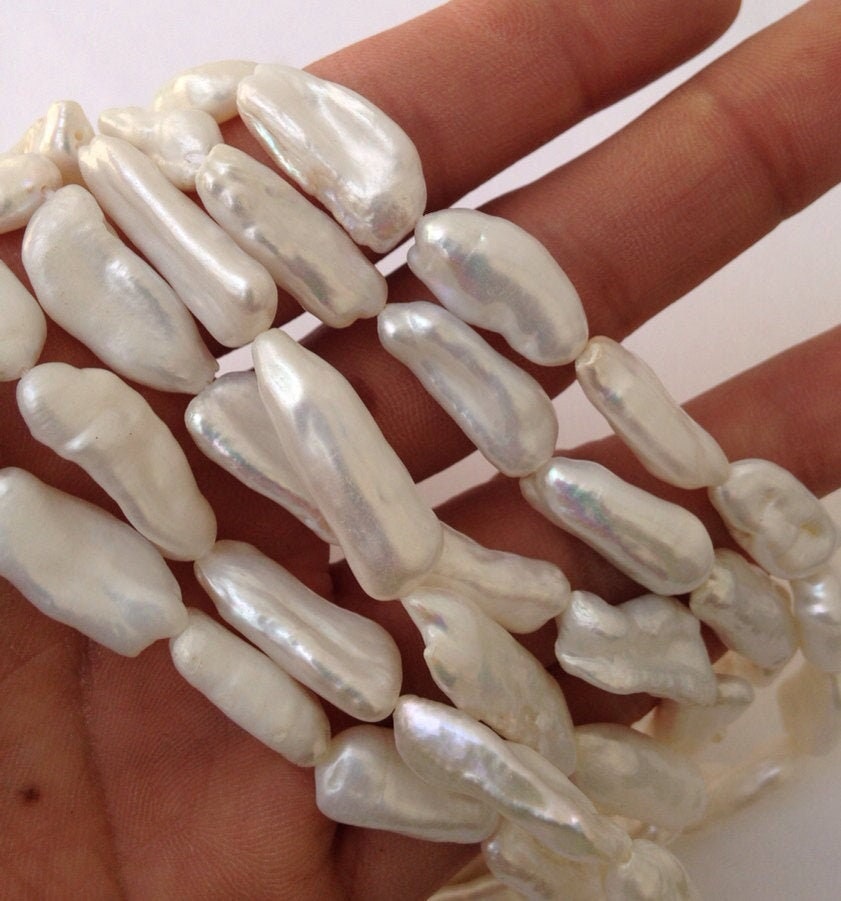 Long 24-26mm X 8-9MM Biwa Pearl Beads Freshwater pearl Large White Ivory pearl stick  16"  full strand 16pc  #KC5015---New arrival Sale