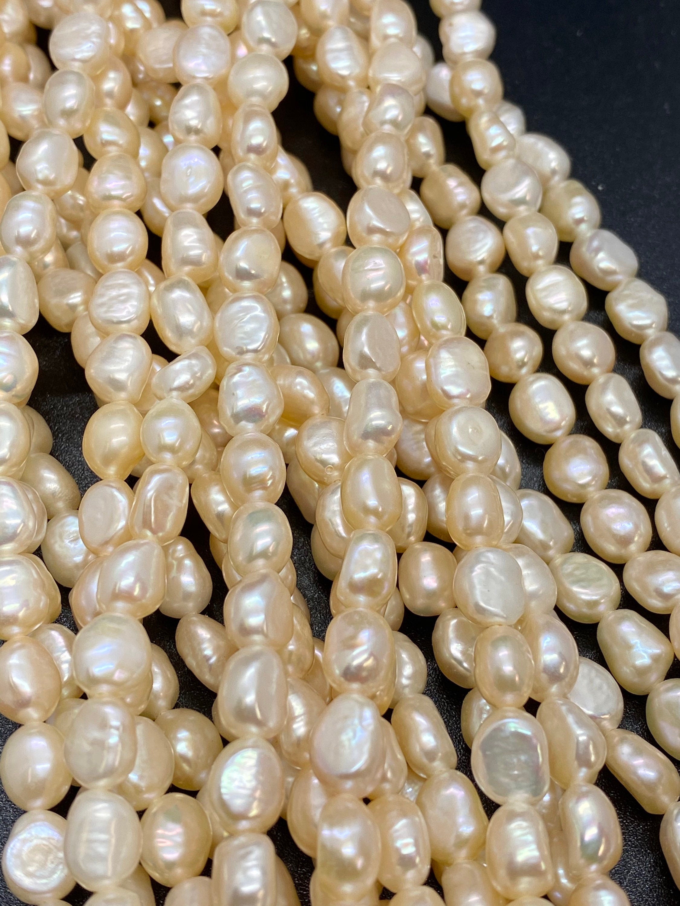 AAA 7mm X9mm shinning natural champagne peach color Baroque Freshwater pearl 15" full strand pebble nugget baroque rice pearl beads #BA4107P