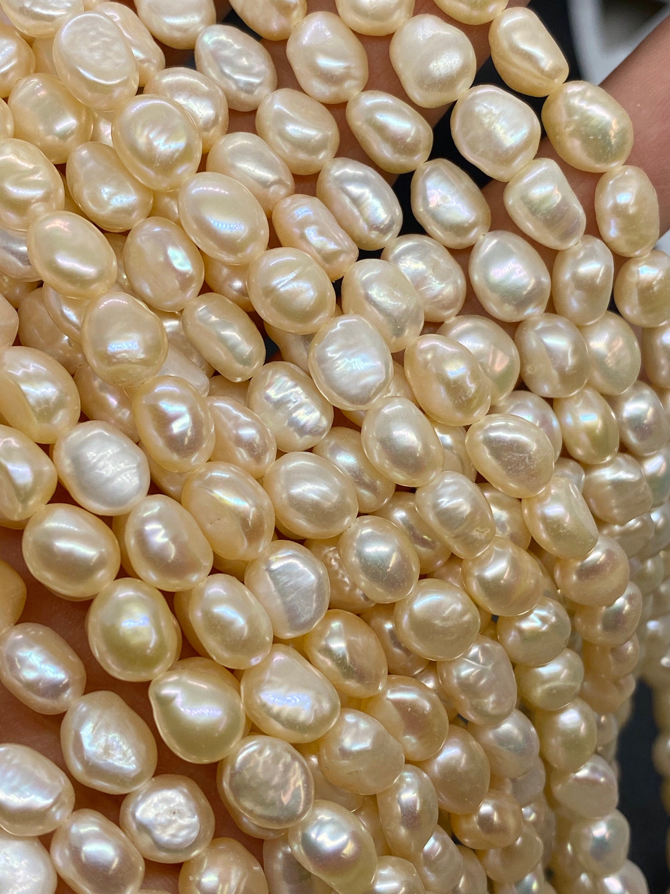 AAA 8mm X10mm stunning natural champagne peach Baroque Freshwater pearl 15" full strand pebble nugget baroque rice pearl beads #BA4108P