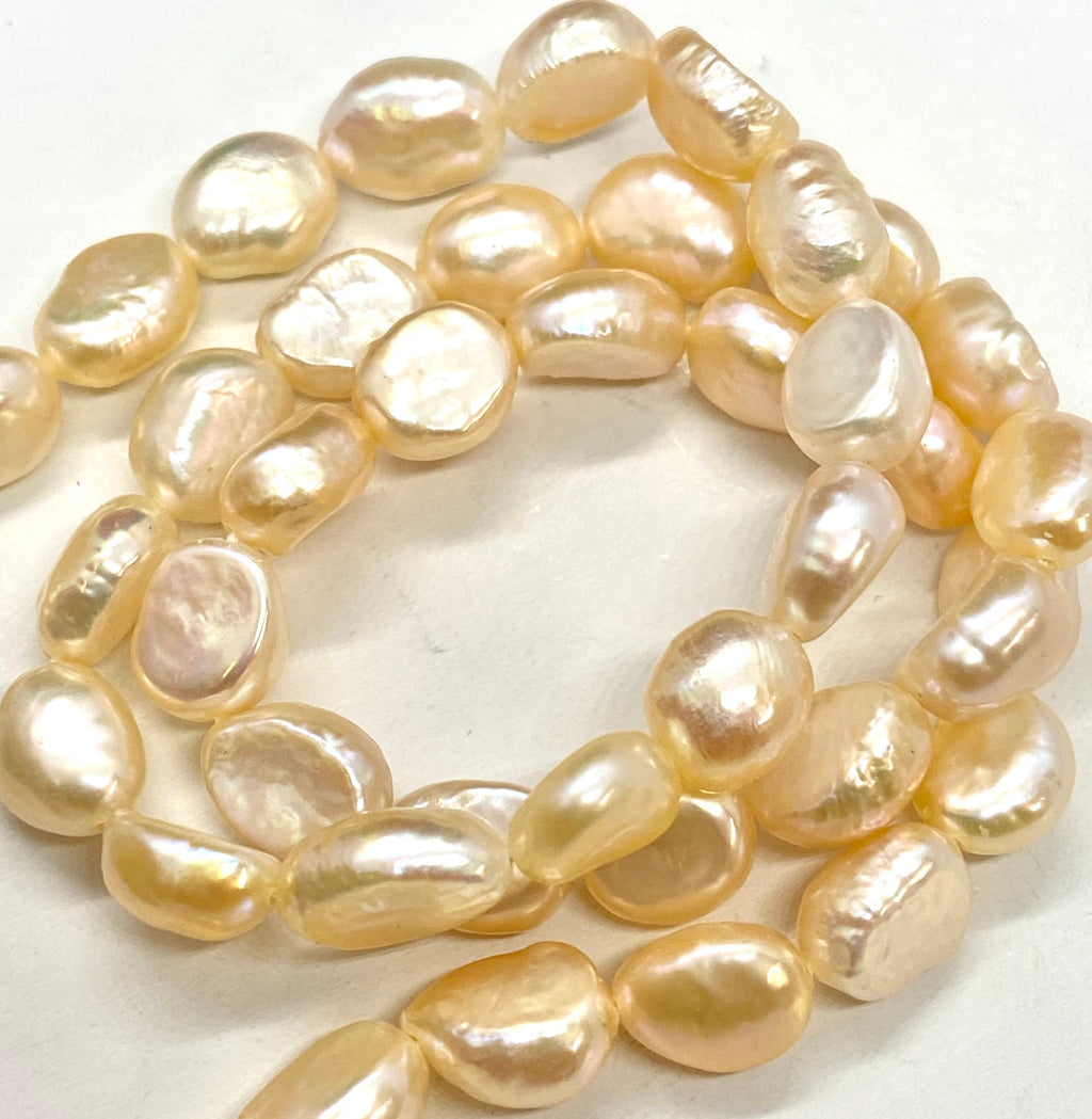 AAA 8mm X10mm stunning natural champagne peach Baroque Freshwater pearl 15" full strand pebble nugget baroque rice pearl beads #BA4108P