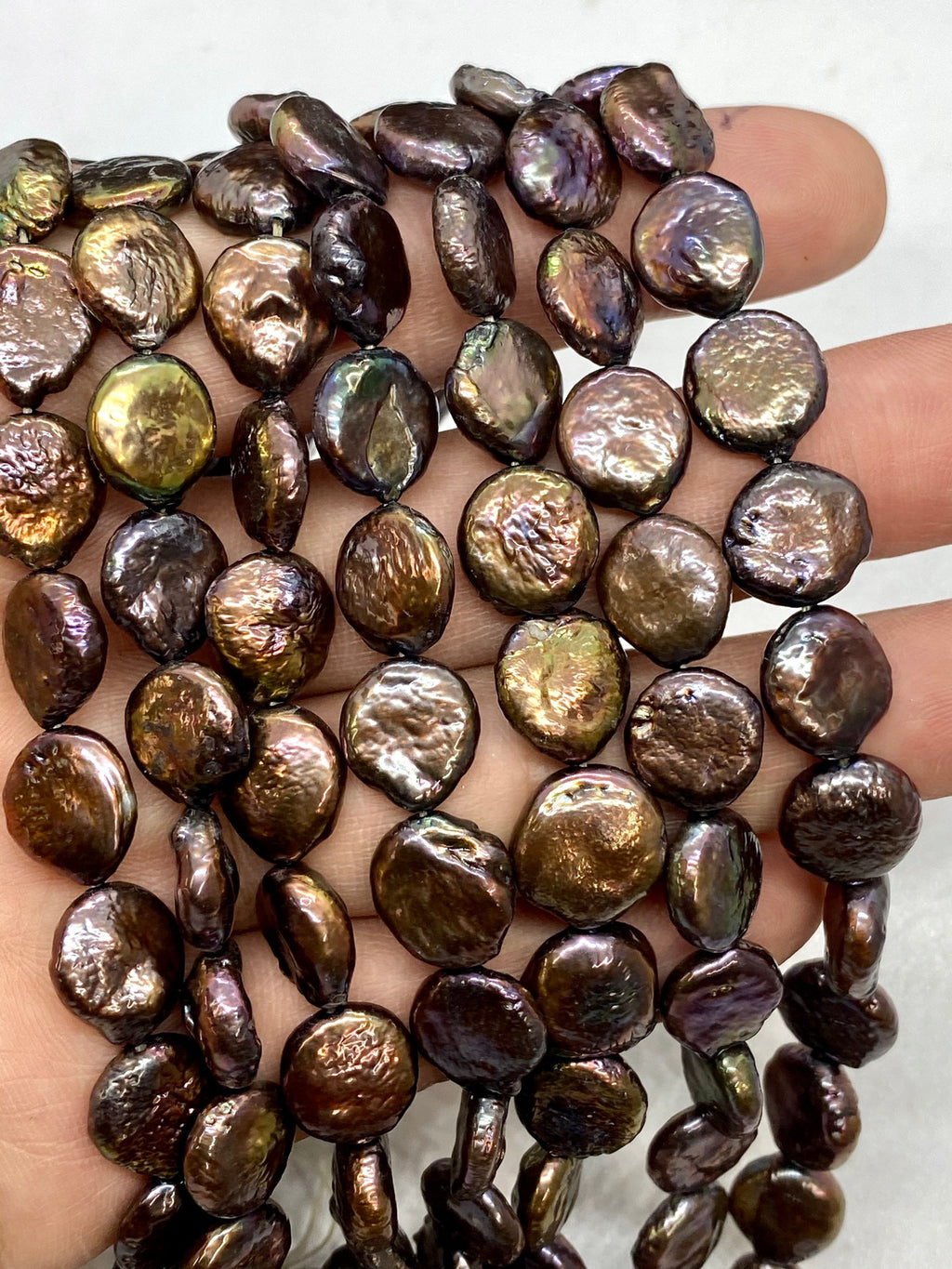 AA 10mm Beautiful peacock black Coin Freshwater Pearl, strand high quality bronze tone, petite pearl NEW COLOR for Bridal design wedding