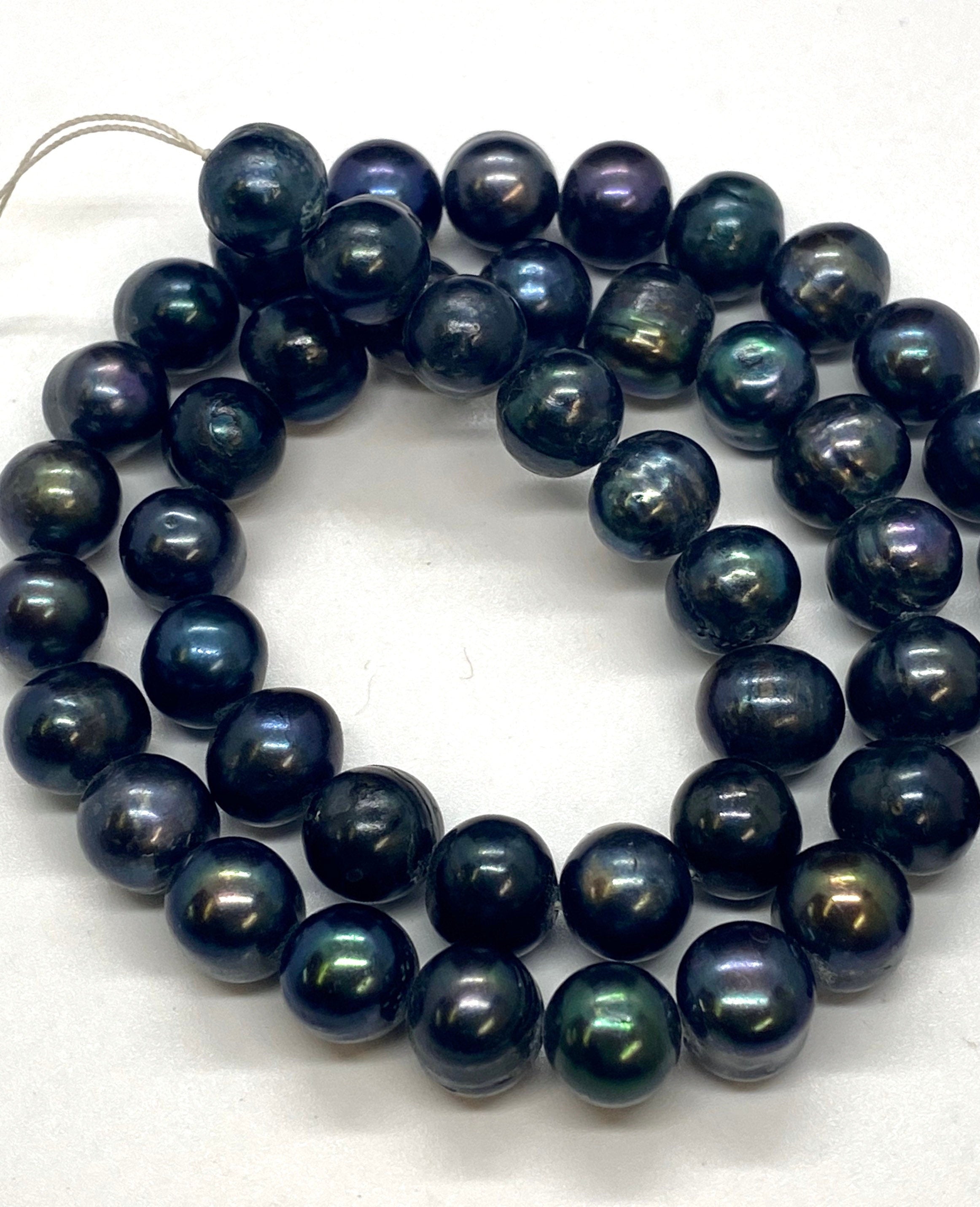 A-AA 8-10mm Round Potato Freshwater Pearl, 15" full strand Black navy peacock pearl, luster loose pearl beads Excellent Bargain #RS2067AB