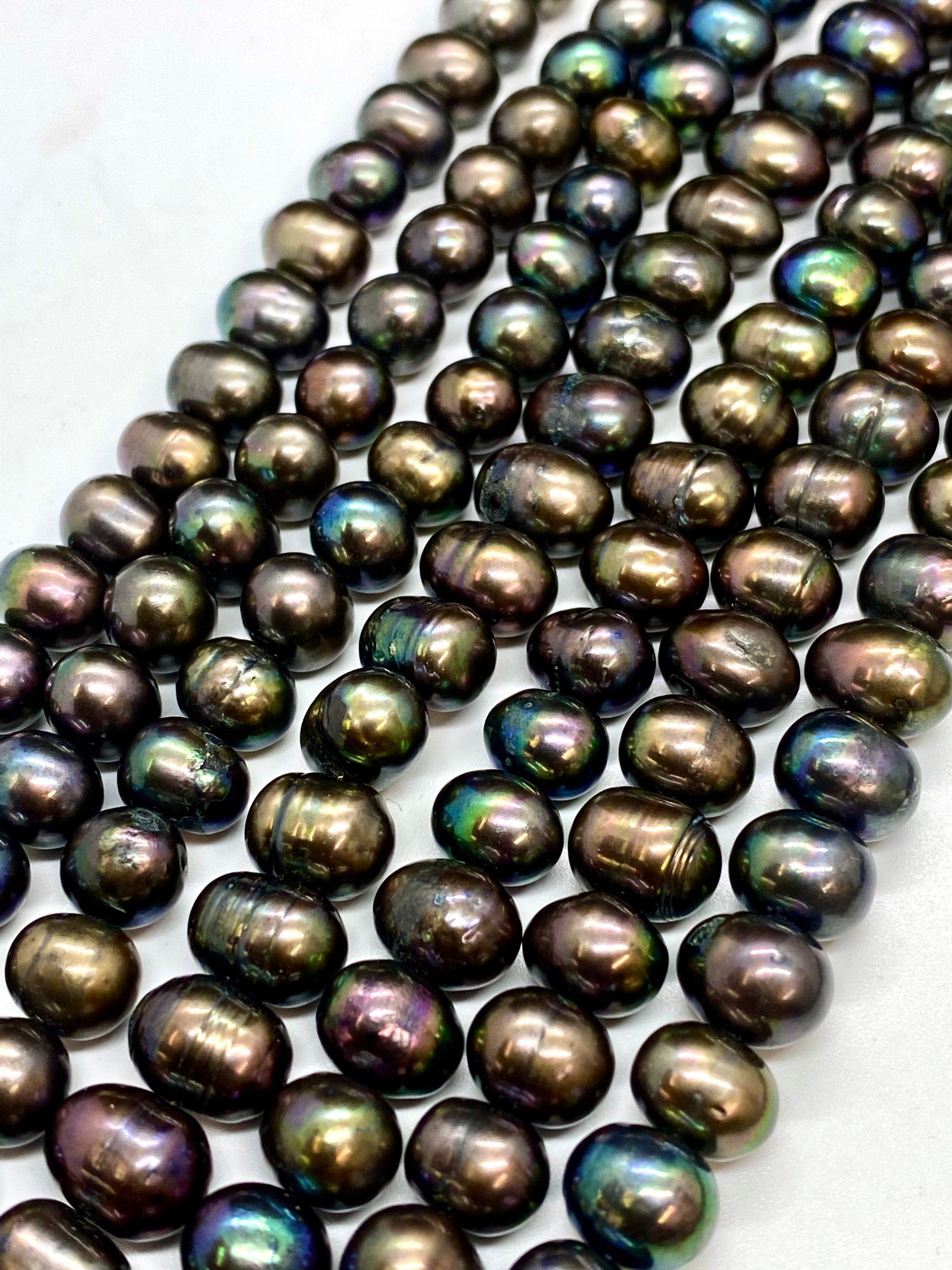 A-AA 8-9.5mm Dark Peacock Green Freshwater Pearl round off potato pearl Tahiti black color pearl-- 15" Full strand 45+pc SALE #RS2073