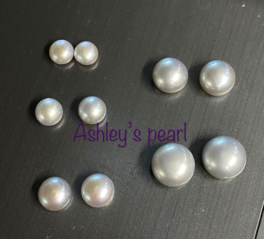 AAAA Luster Half Drilled Round Button Freshwater Pearl, Platinum Silver Grey Roundel Genuine Loose Pearl Beads matched earring pairs