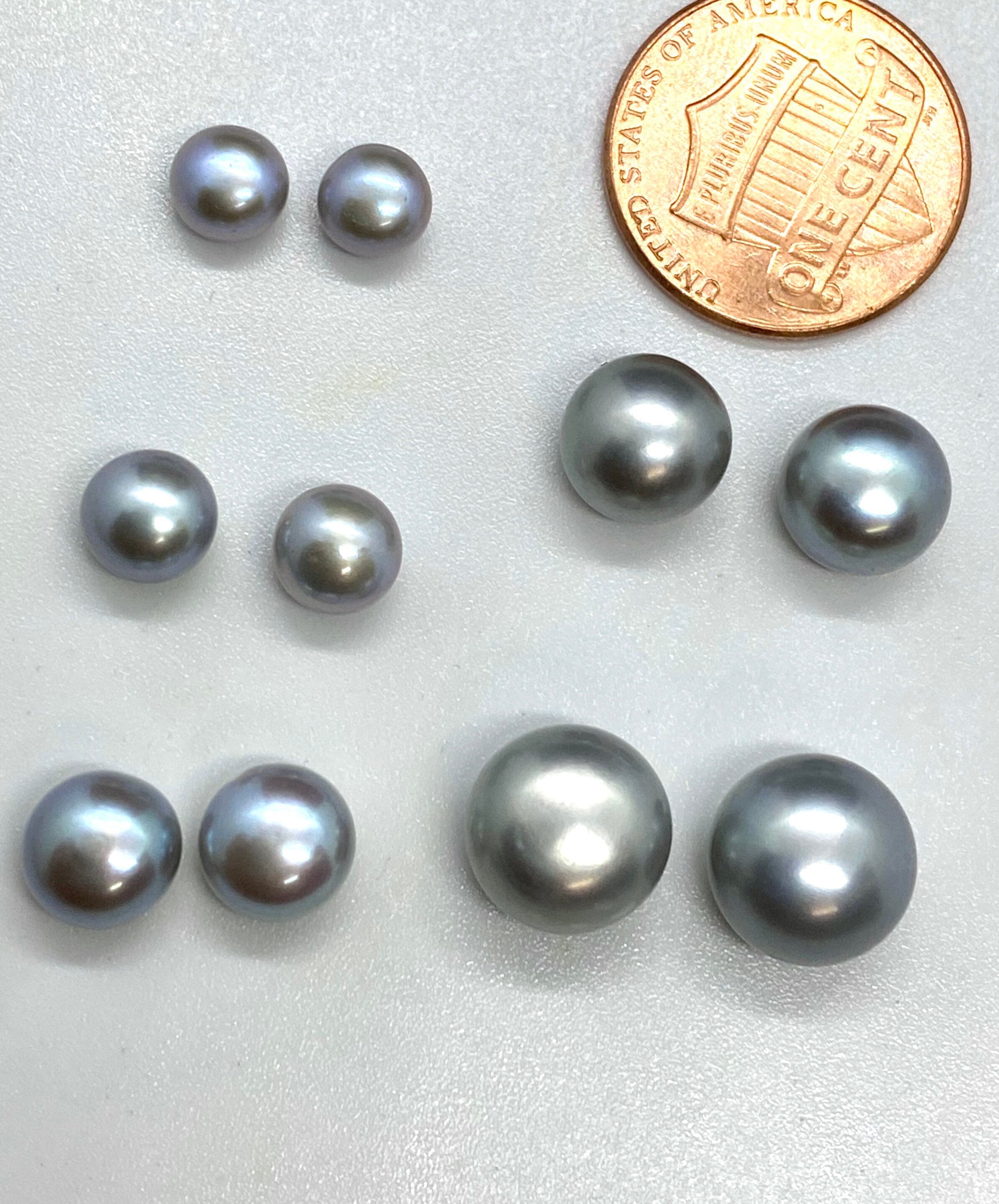 AAAA Luster Half Drilled Round Button Freshwater Pearl, Platinum Silver Grey Roundel Genuine Loose Pearl Beads matched earring pairs