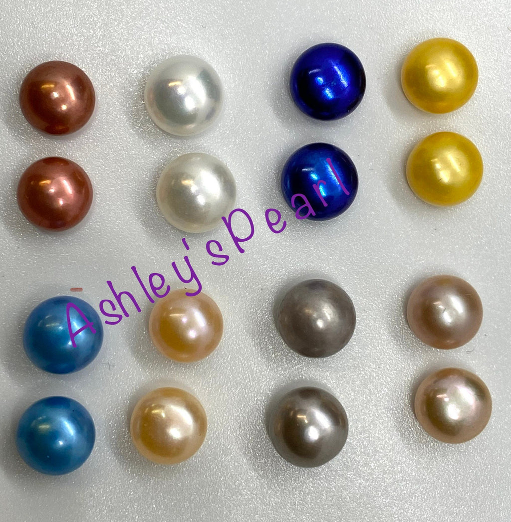 7-7.5mm half drilled AAA quality thick round button matched earring pairs freshwater pearl multiple color blue bronze golden silver pink