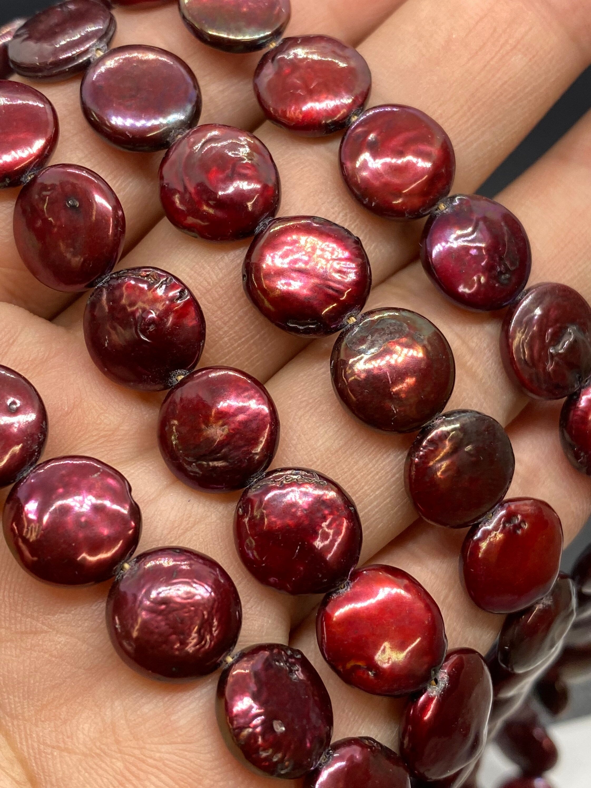 AA+ 10-11mm Coin Pearl, half strand high quality Burgundy red petite coin Freshwater pearl high luster, NEW Sale #KC3012