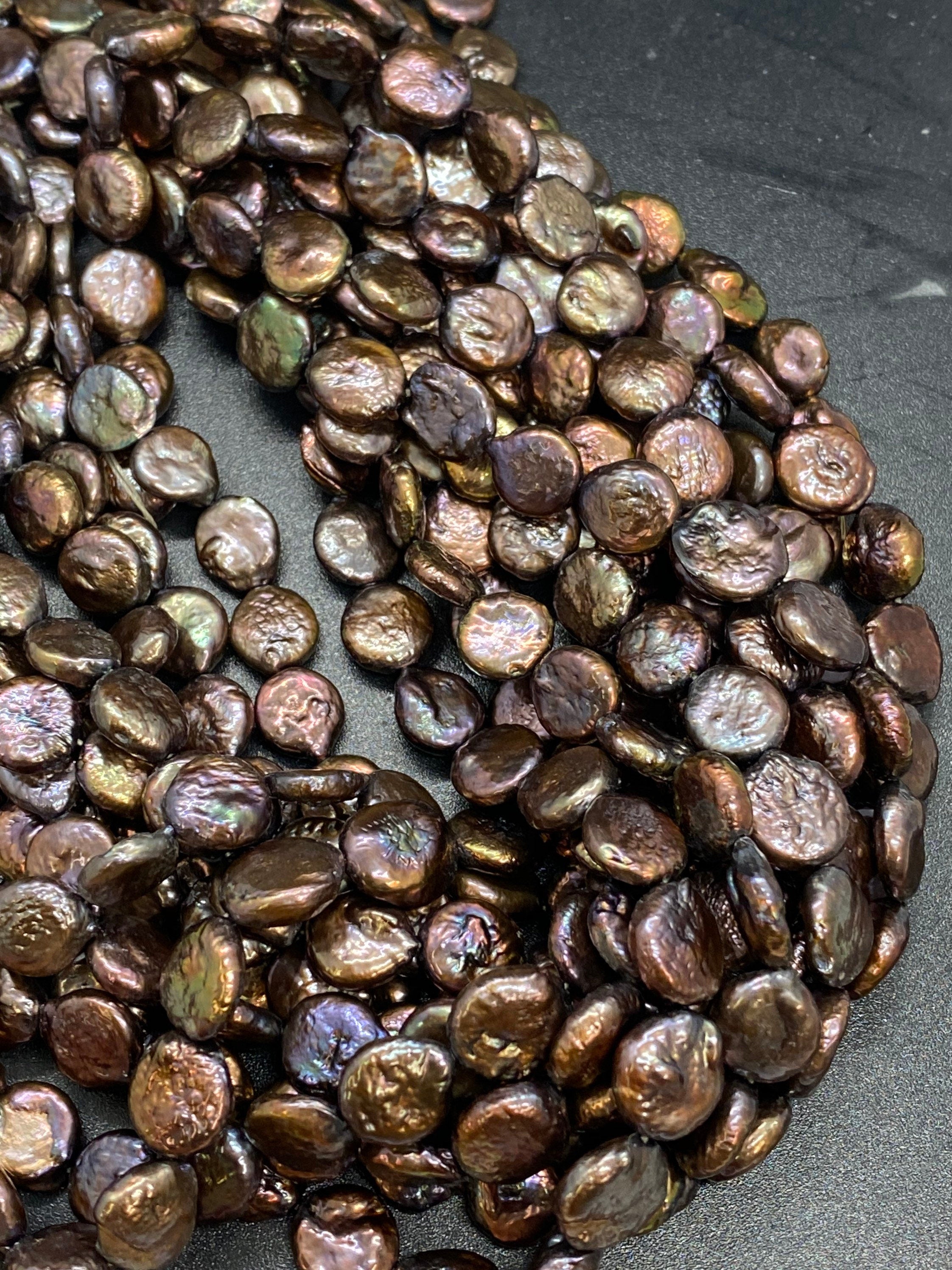 AA 10mm Beautiful peacock black Coin Freshwater Pearl, strand high quality bronze tone, petite pearl NEW COLOR for Bridal design wedding