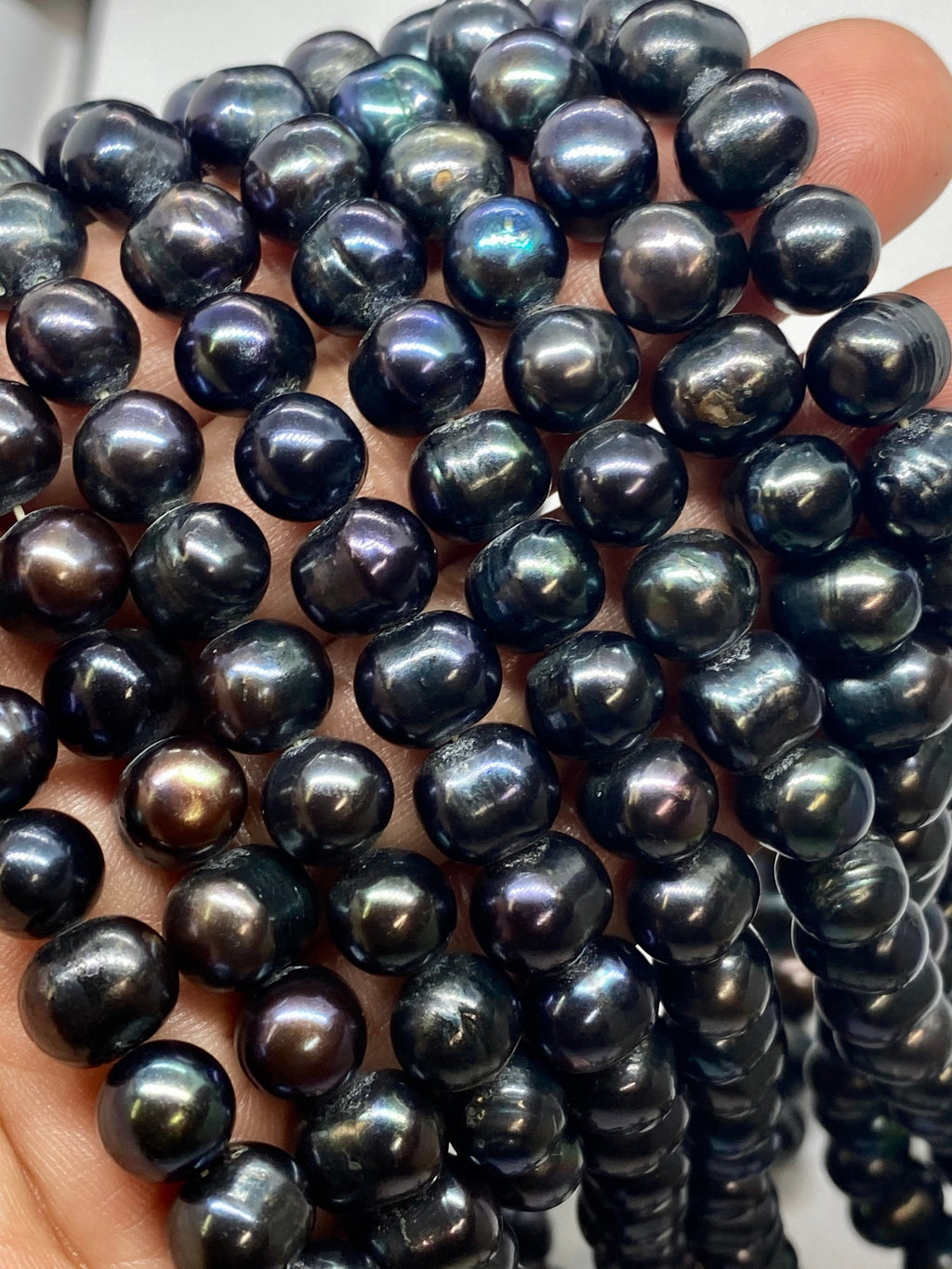 A-AA 8-10mm Round Potato Freshwater Pearl, 15" full strand Black navy peacock pearl, luster loose pearl beads Excellent Bargain #RS2067AB