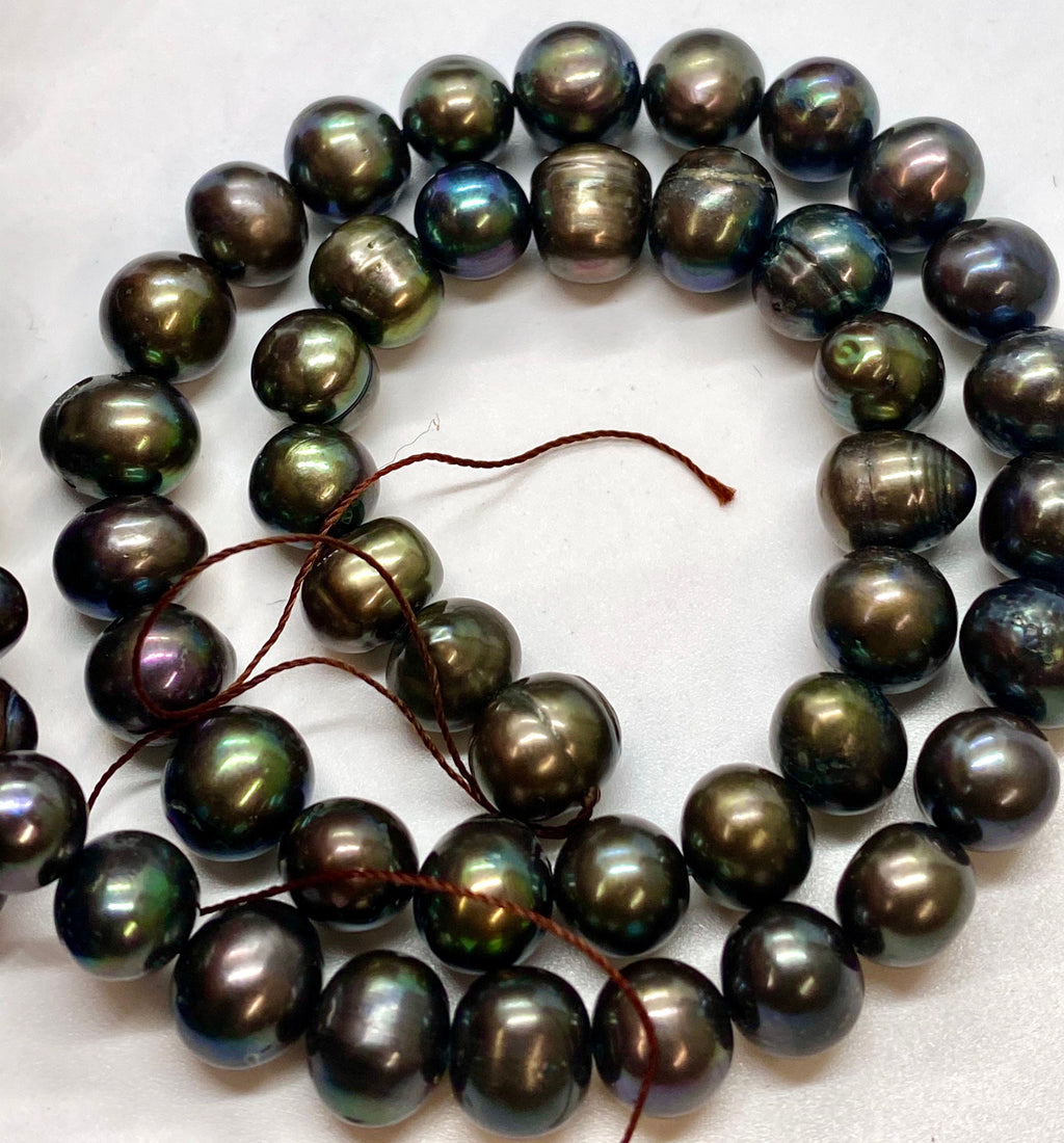 A-AA 8-9.5mm Dark Peacock Green Freshwater Pearl round off potato pearl Tahiti black color pearl-- 15" Full strand 45+pc SALE #RS2073