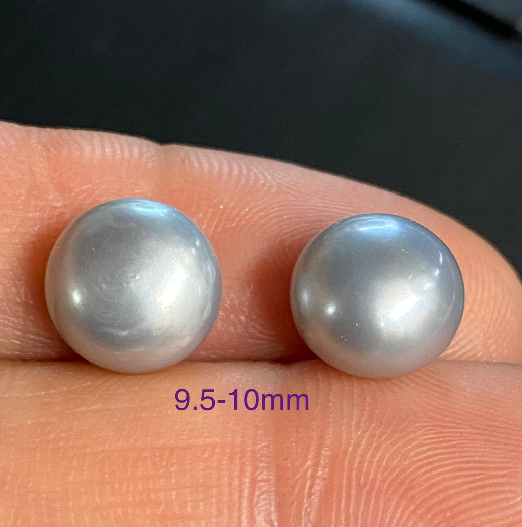 AAAA Luster Half Drilled Round Button Freshwater Pearl, Platinum Silver Grey Roundel Genuine Loose Pearl Beads matched earring pairs