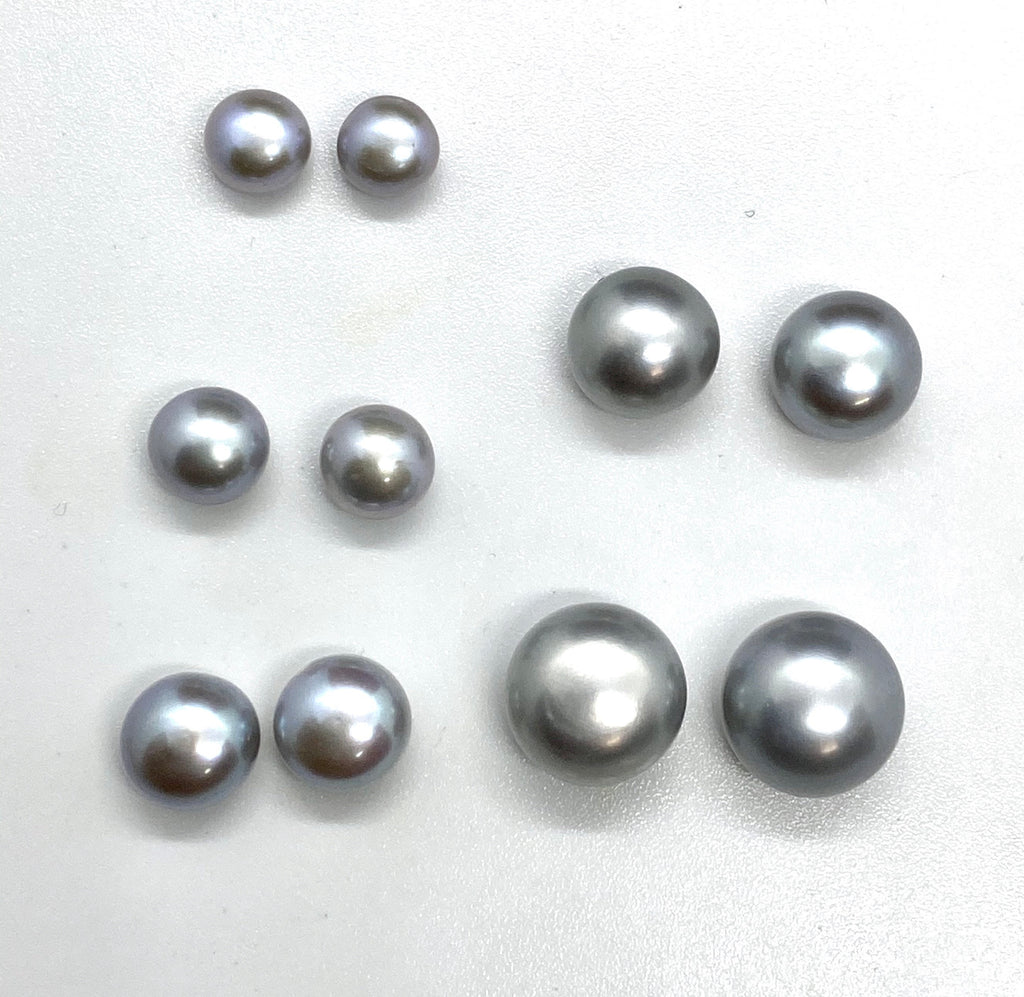 AAAA Luster Half Drilled Round Button Freshwater Pearl, Platinum Silver Grey Roundel Genuine Loose Pearl Beads matched earring pairs