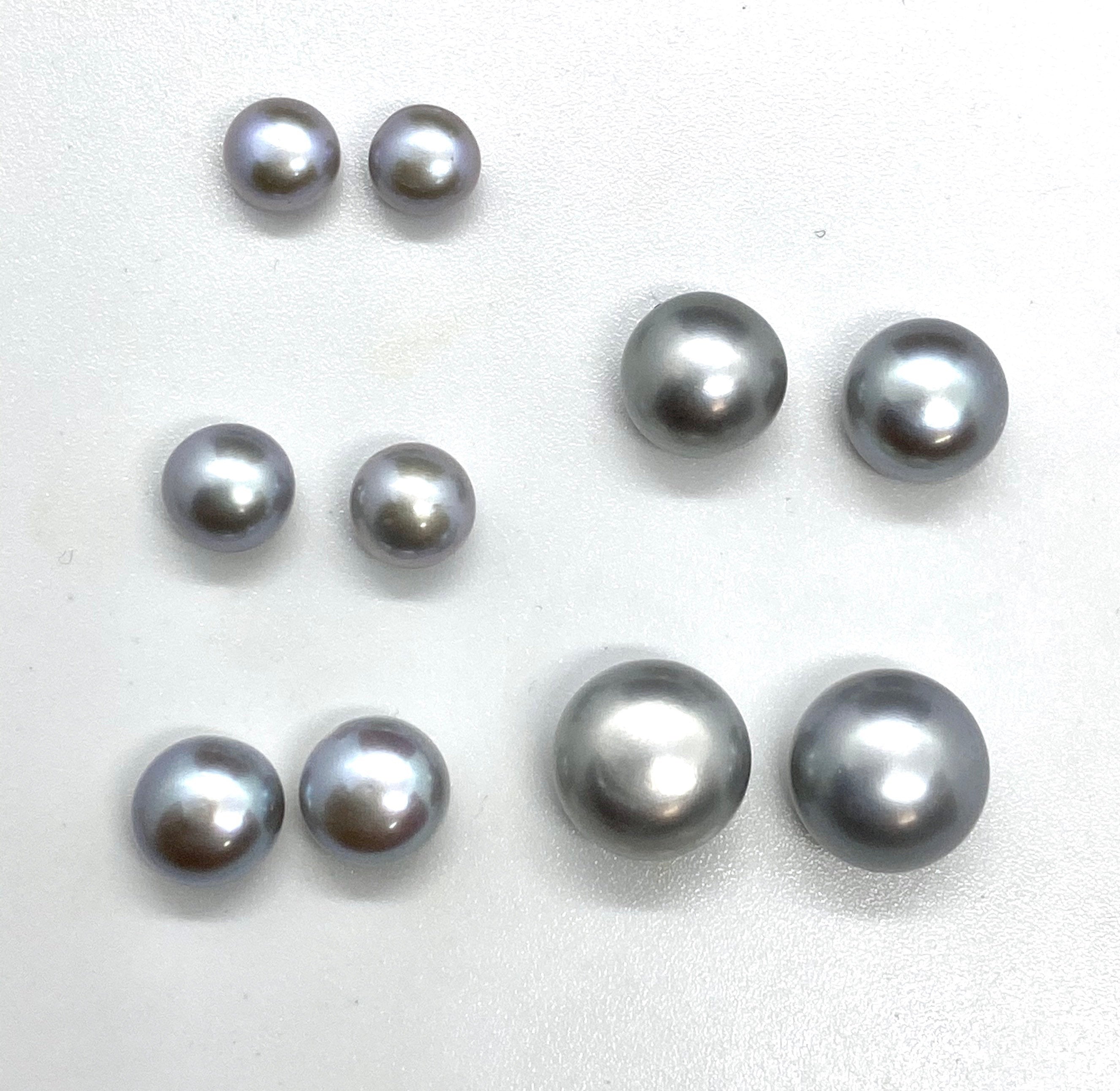 AAAA Luster Half Drilled Round Button Freshwater Pearl, Platinum Silver Grey Roundel Genuine Loose Pearl Beads matched earring pairs