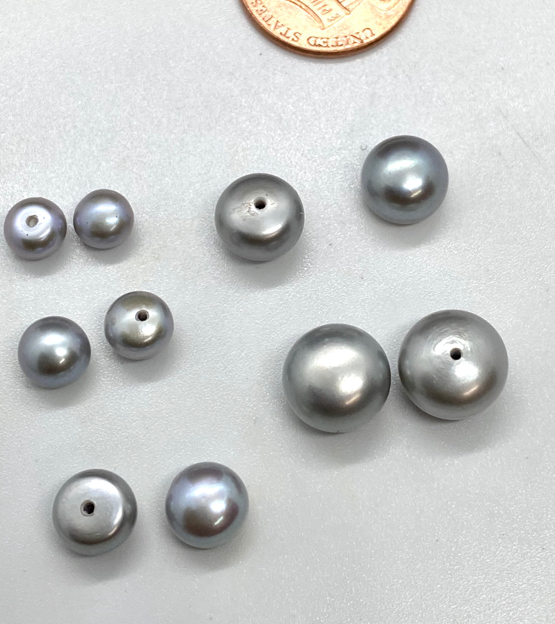 AAAA Luster Half Drilled Round Button Freshwater Pearl, Platinum Silver Grey Roundel Genuine Loose Pearl Beads matched earring pairs