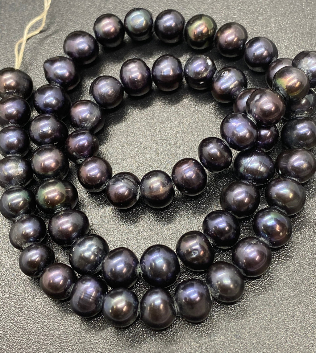 AA 7-8mm Stunning peacock black Freshwater Pearl Full Strand 15" 60pc round potato pearl beads, Tahiti rainbow tone pearl wholesale #RS2023A