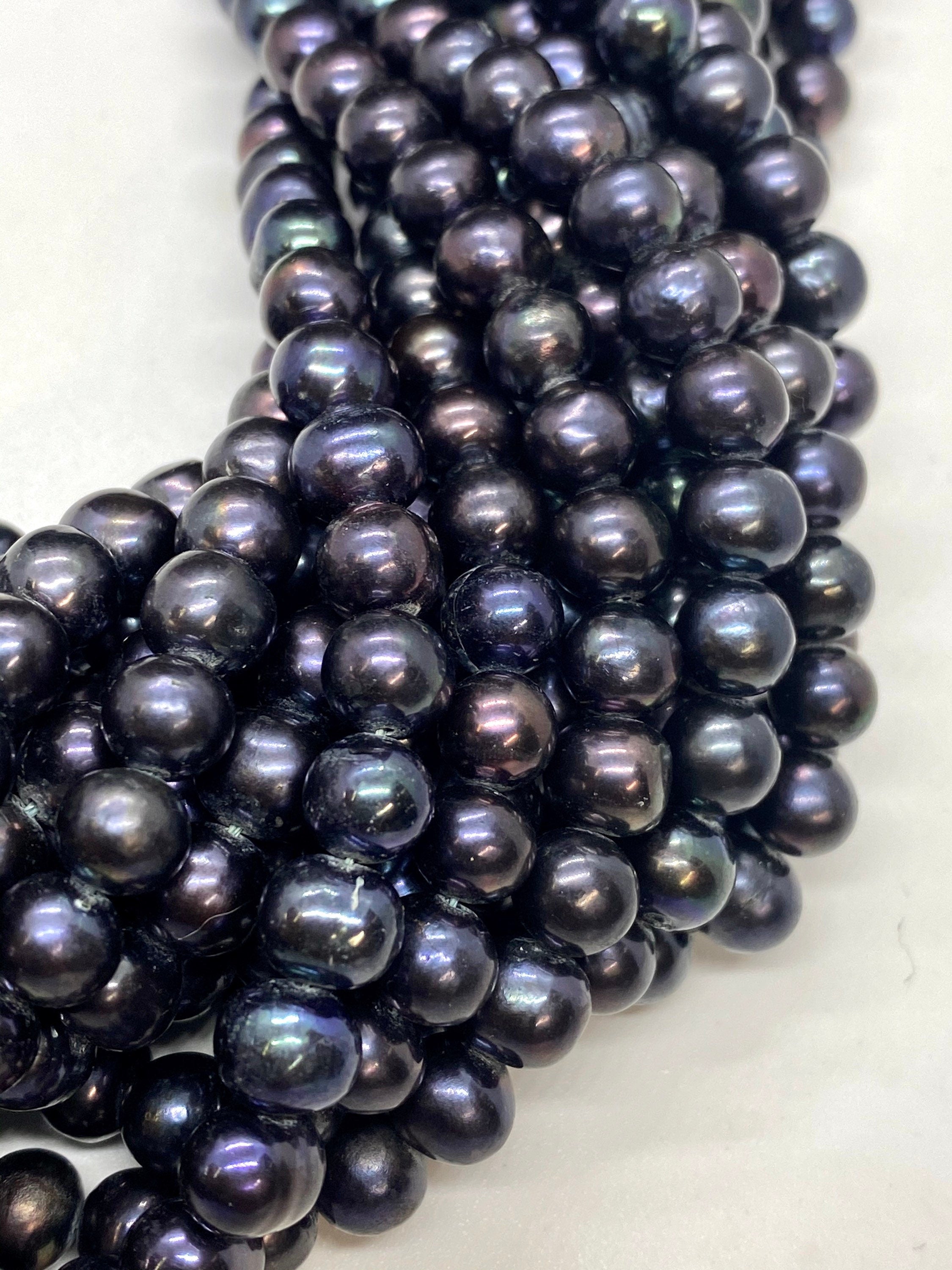 AA 7-8mm Stunning peacock black Freshwater Pearl Full Strand 15" 60pc round potato pearl beads, Tahiti rainbow tone pearl wholesale #RS2023A