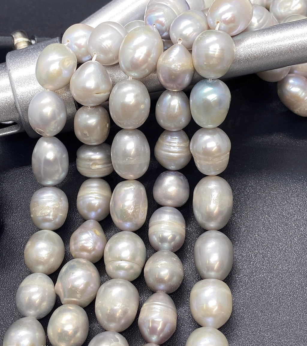 9mmX10-12mm Large hole 2.2mm 3mm Baroque rice Freshwater Pearls, Platinum Silver Grey oval pearl beads loose pearl wholesale #LH8063