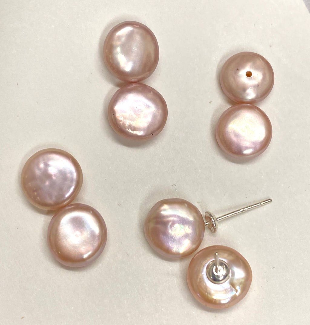 AAAA 10.5mm--11.5mm Round Coin Freshwater Pearl, Luster Half Drilled natural color Genuine Loose Pearl Beads, matched earring pairs #EP9015